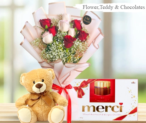 Flowers, Chocolate and Teddy 