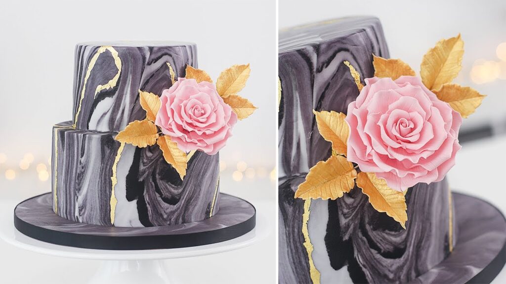 Marble Cakes With Golden Leaf and Pink Flower