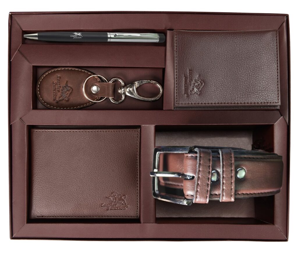 Personalized Leather Wallet, Leather Key Chain, Leather Belt with Stylish Pen in a Box. 