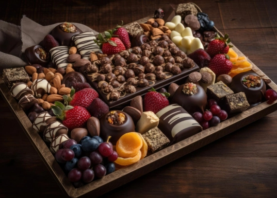 A holiday-themed wooden tray containing an assortment of chocolates, fruits, and nuts - perfect for Christmas gifting to family.
