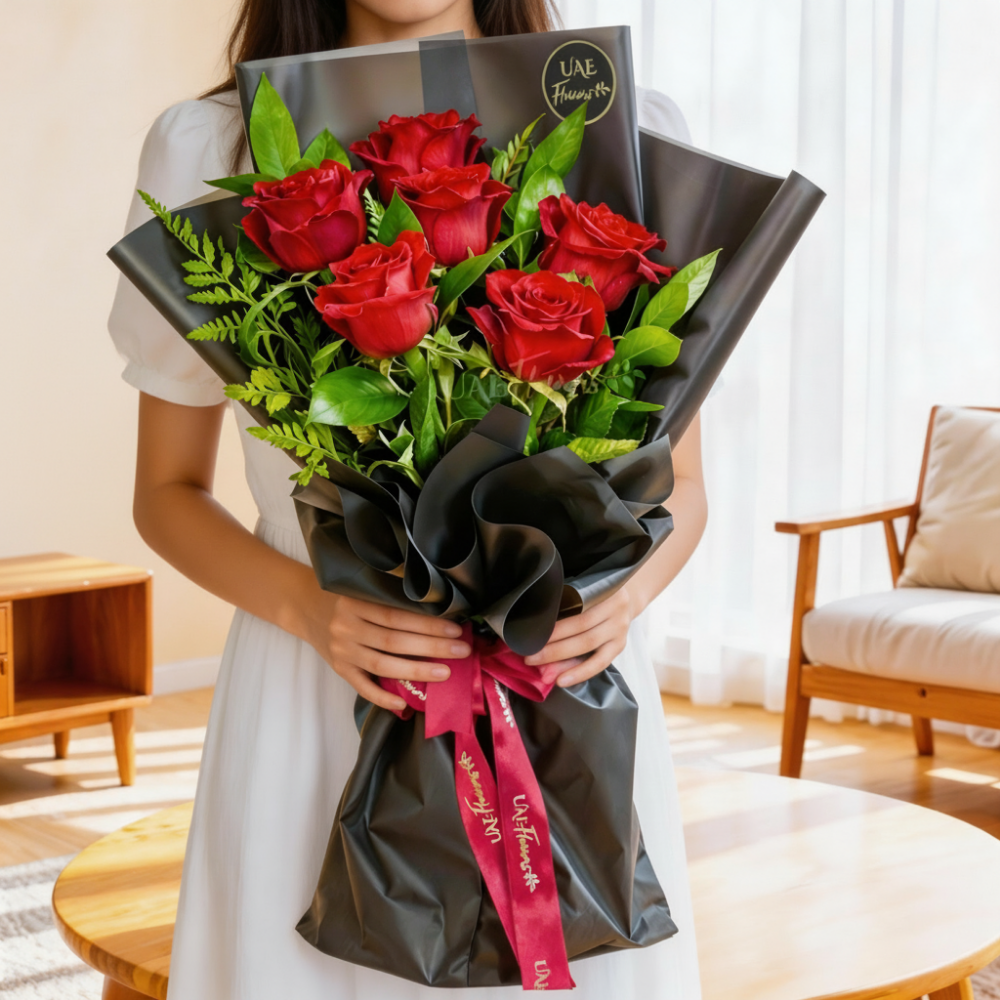 Young woman holding a beautiful red rose flower arrangement in a black wrap with greenery, displayed in a bright modern room.