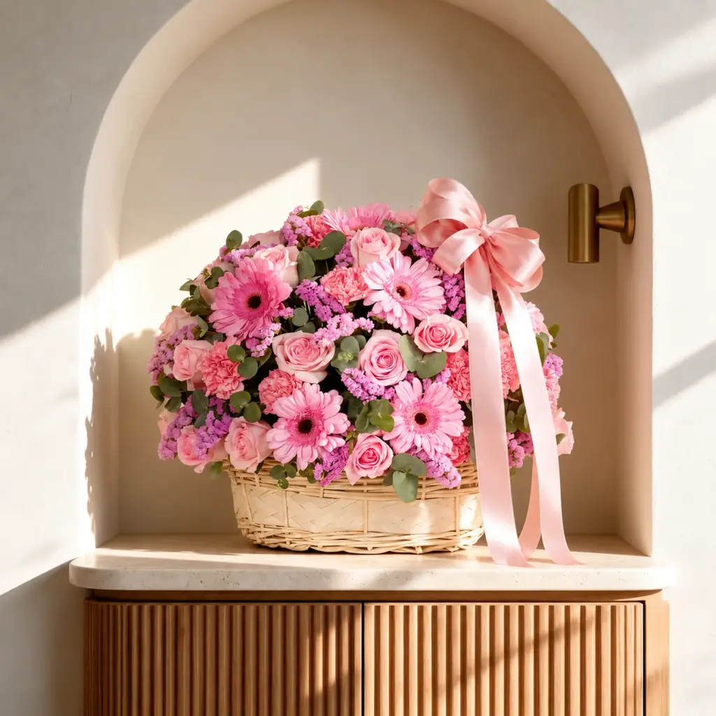 Pink flower basket with roses, gerberas, and carnations, beautifully arranged with a pink ribbon in an elegant sunlit setting, perfect for Diwali Gifts for Family.