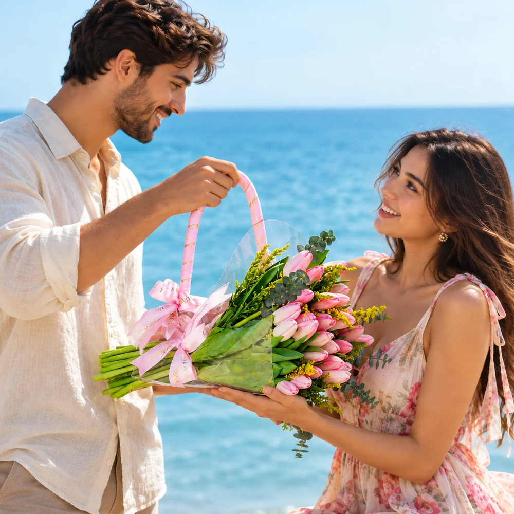 A young man gifting a pink tulip flower bag to a woman by the sea, showcasing stylish flowers bags in Dubai for romantic occasions.