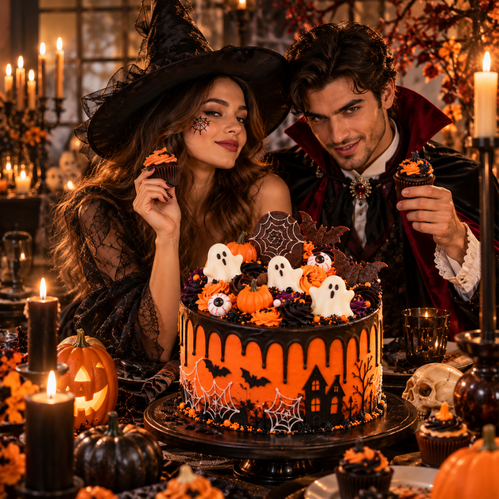 Halloween Cake Ideas UAE featuring a spooky orange and black Halloween cake with ghost, bat, pumpkin and spiderweb decorations at a themed party.
