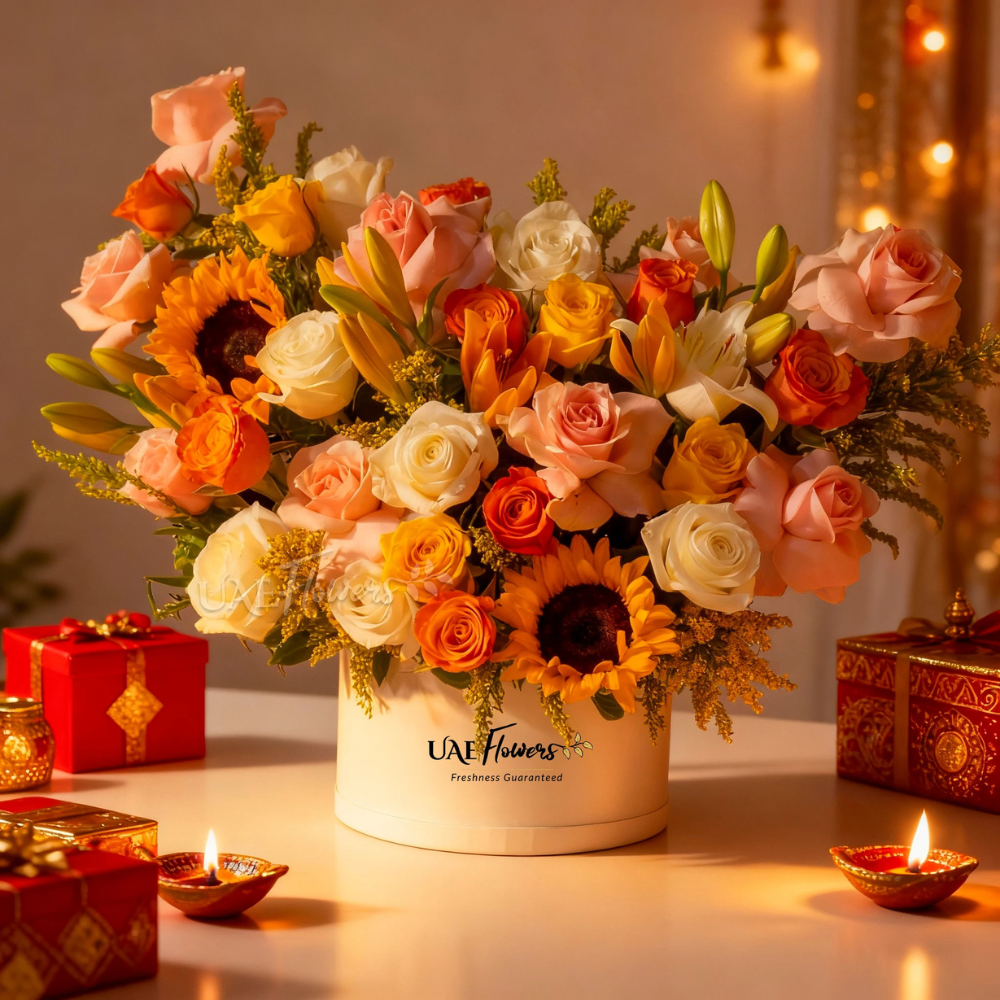 Diwali Gift Ideas featuring a vibrant bouquet of roses, sunflowers, and lilies in a cream vase, surrounded by festive diyas and decorative gift boxes.